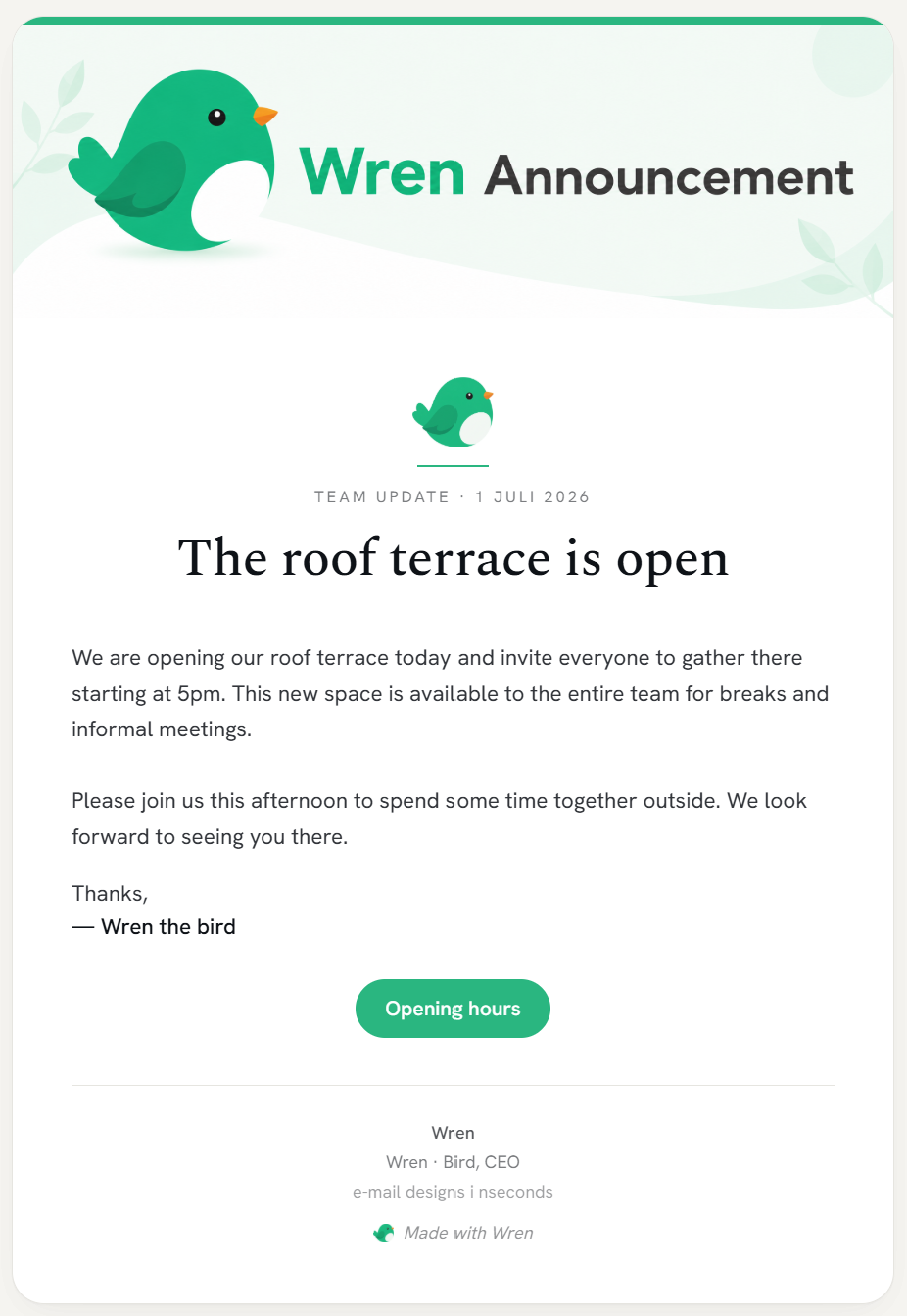 A designed Wren team email as it appears in Gmail