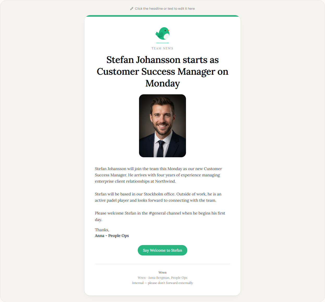 Designed Wren email announcing Stefan Johansson as the new Customer Success Manager, with his portrait photo